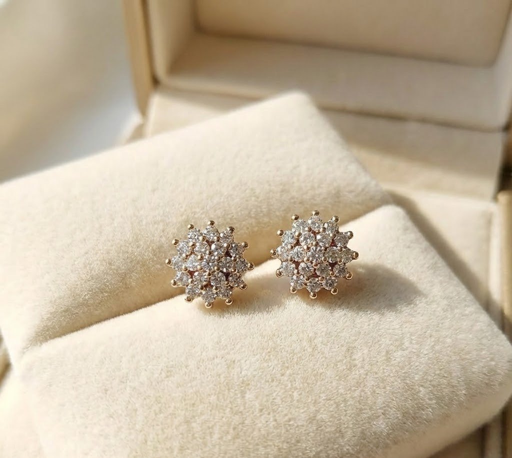 Gold-Plated Sparkling Floral Cluster Stud Earrings | Multi-Stone Round Daily Wear Ear Studs for Women & Girls | Elegant Crystal Flower Tops