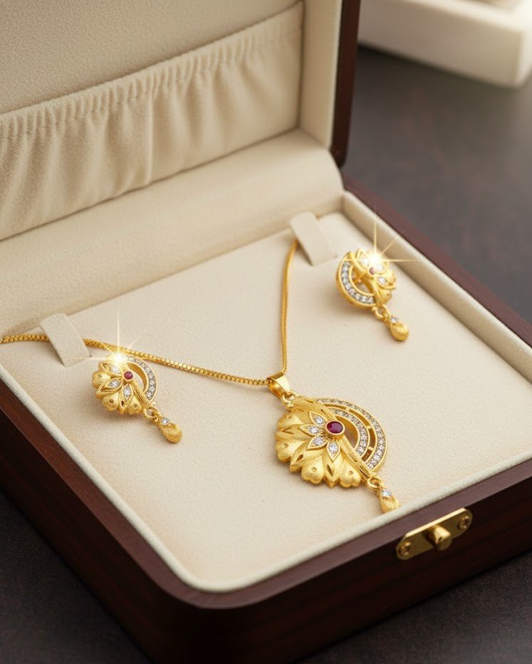 Premium 1 Gram Gold Designer Pendant Necklace Set – Ruby Red Floral Charm with Earrings