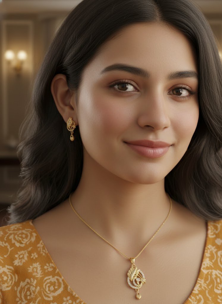 Exquisite 1 Gram Gold Plated Floral Pendant Set with Matching Earrings – Traditional Designer Jewellery for Women and Girls