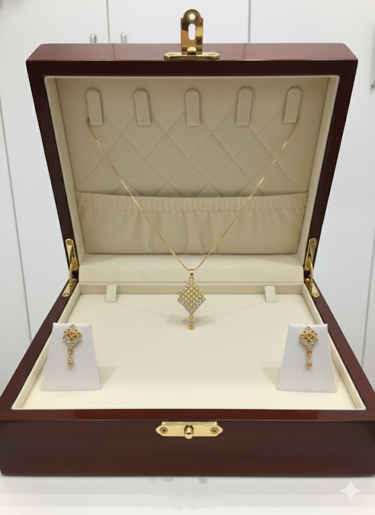 Exquisite 1 Gram Gold Geometric Lattice Pendant Set – Stone-Studded V-Shape "Jaali" Work Necklace with Earrings