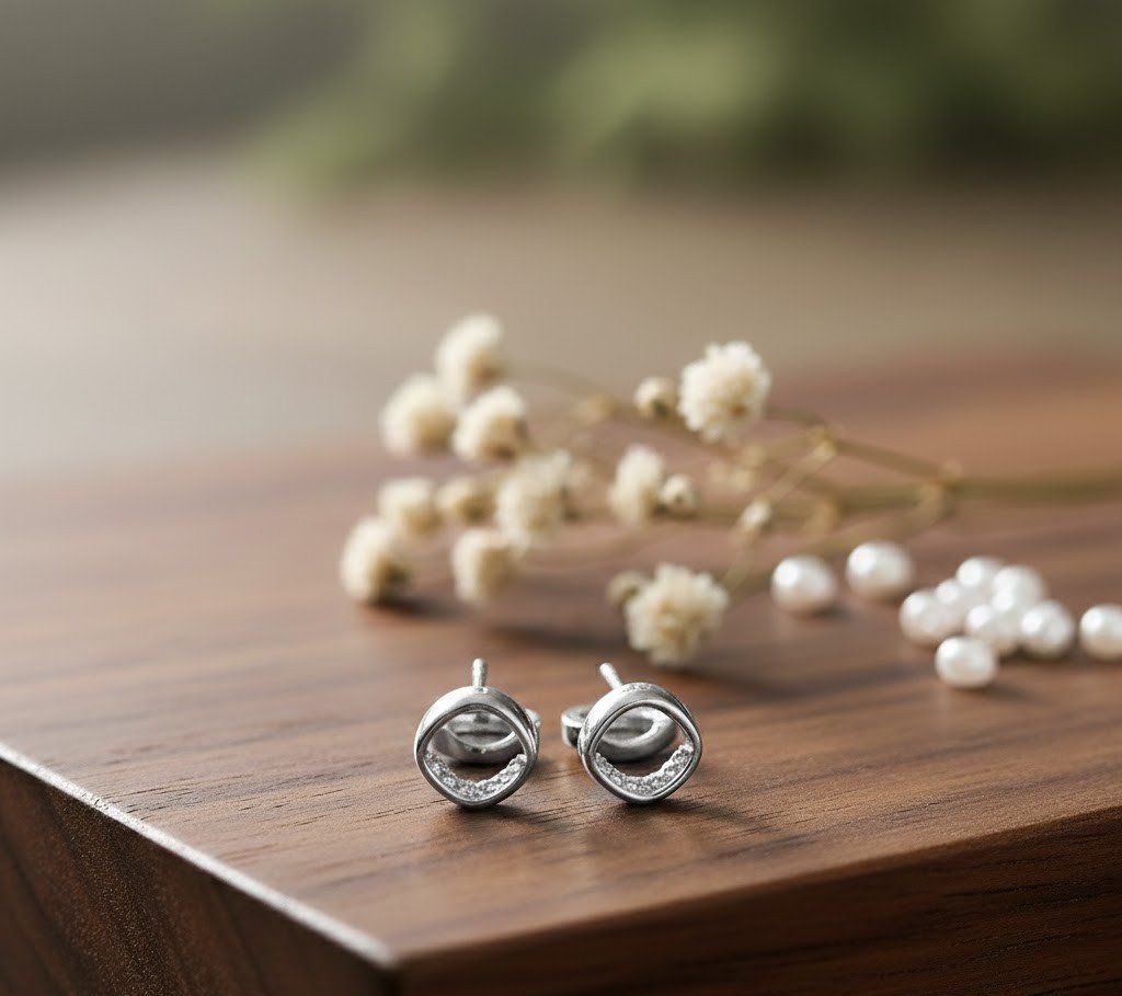 Minimalist Silver-Plated Square Halo Stud Earrings with Shimmering Crystals | Contemporary Geometric Daily Wear Jewelry for Women & Girls