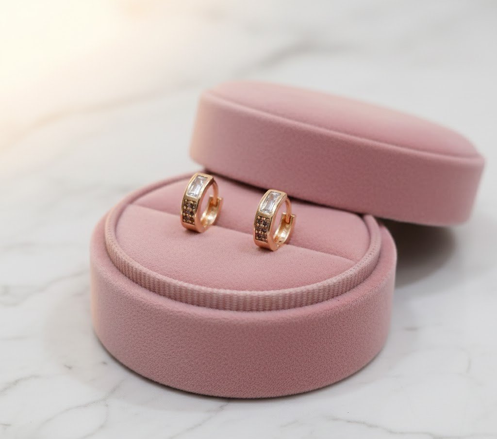 Luxury Rose Gold-Plated Baguette & Round Crystal Huggie Earrings – Sparkling Minimalist Hoop Earrings for Women and Girls