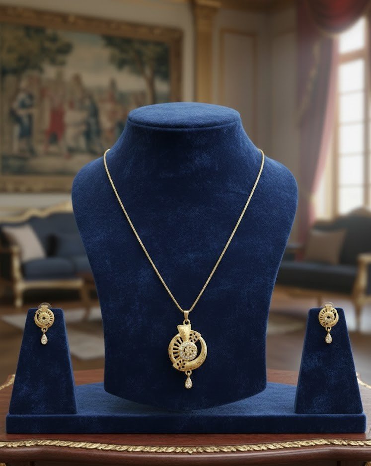 Exquisite 1 Gram Gold Plated Circular Pendant Necklace Set with Matching Drop Earrings – Traditional Floral Laser-Cut Design for Women