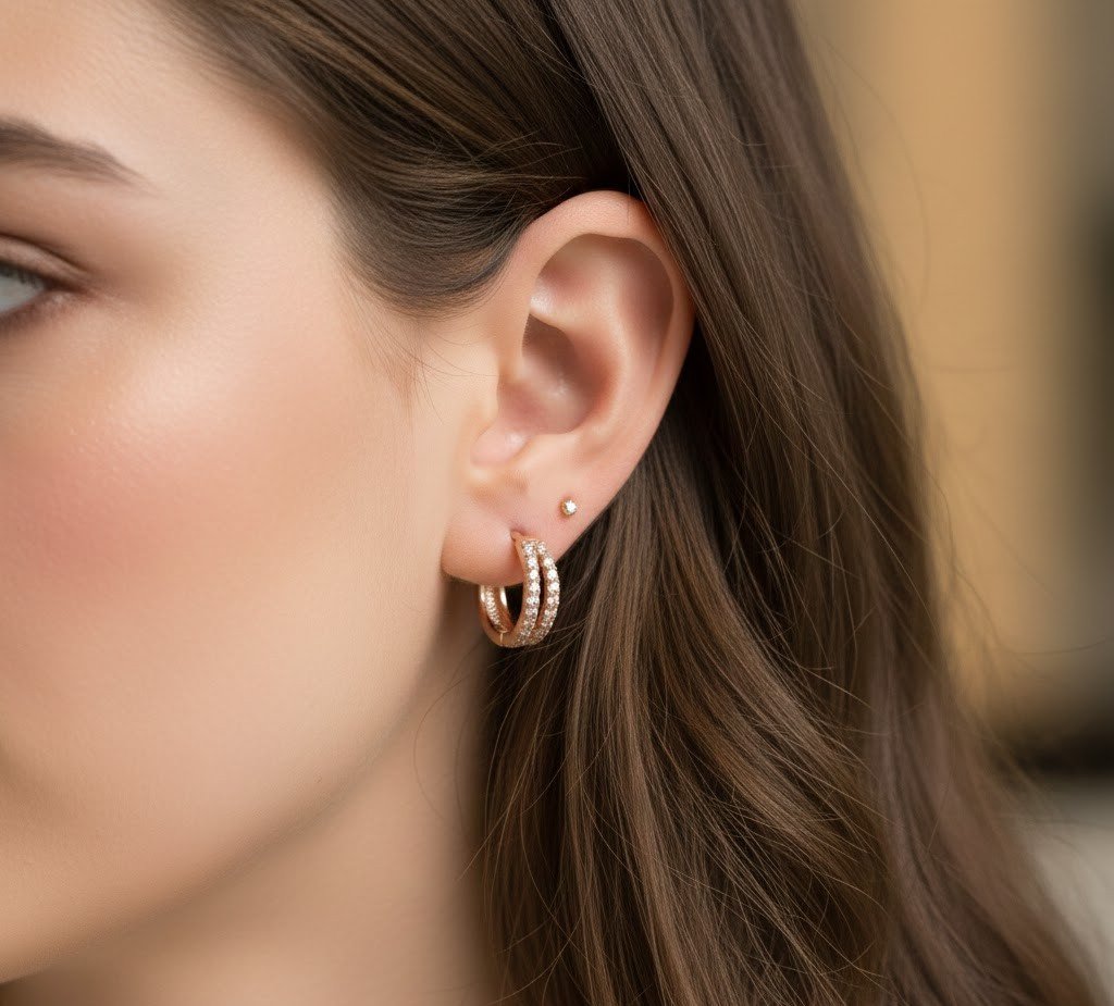 Glamorous Dual-Row Crystal Pave Huggie Earrings – Rose Gold Finished Petite Hoops