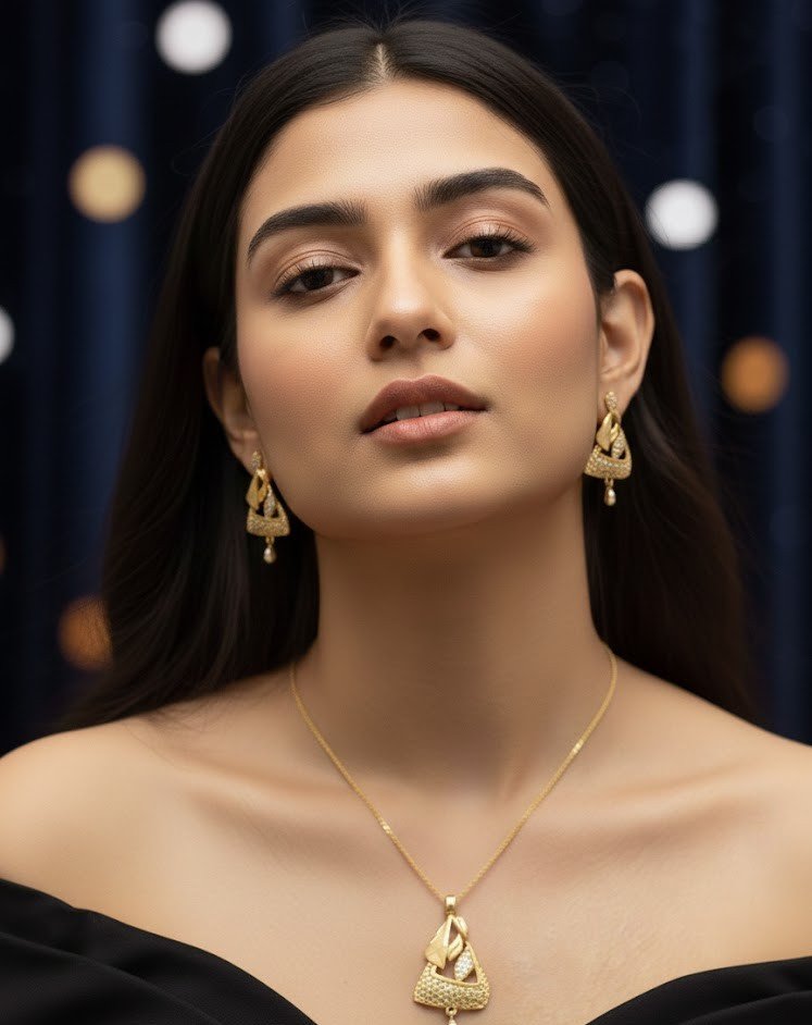 Designer 1 Gram Gold Plated Triangular Filigree Pendant Set with Stone-Encrusted Leaf Pattern