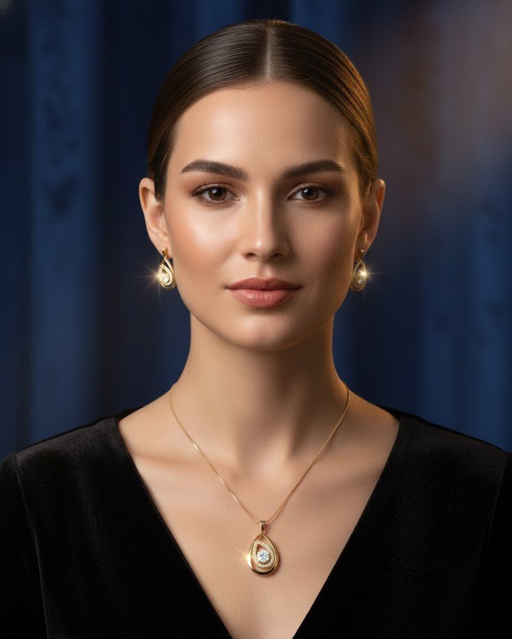 Royal Gold-Plated Lattice Symmetrical Necklace with Dazzling AD Accents & Crystal Drop