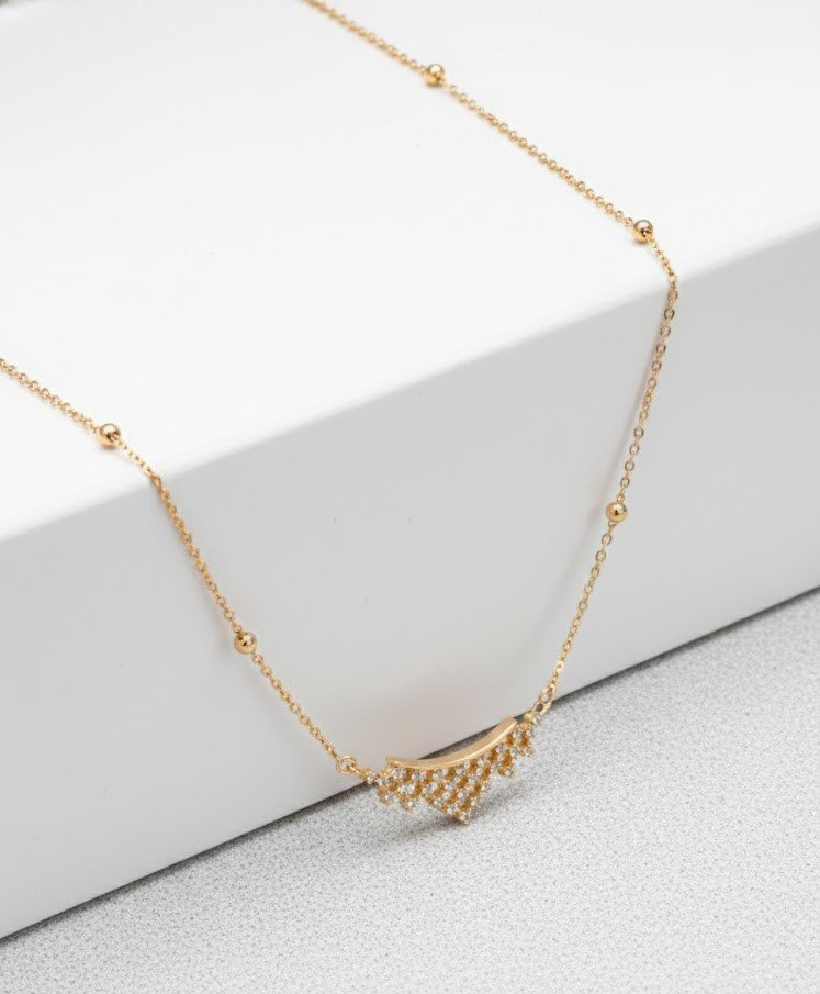 Premium Gold-Plated American Diamond Floral Wing Necklace with Teardrop Pendant | Minimalist Daily Wear Jewelry for Women & Girls