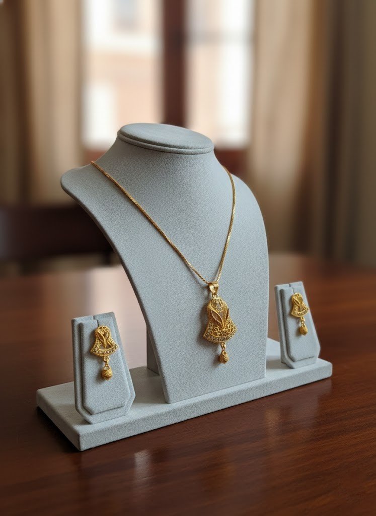 Luxury 1 Gram Gold Plated Fan-Shaped Designer Pendant Set – Ethnic Floral Gold Jewelry with Matching Earrings